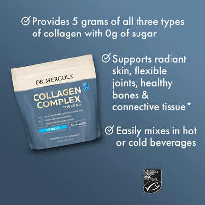 Dr. Mercola Collagen Complex Powder – Supports Skin Elasticity & Tissue Health – Vanilla (10.89 oz) – Non-GMO, Gluten-Free & Soy-Free