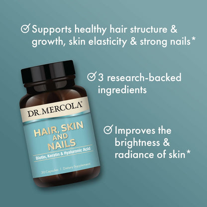 Dr. Mercola Hair, Skin & Nails – Biotin, Keratin & Hyaluronic Acid | Premium Quality – 30 Capsules