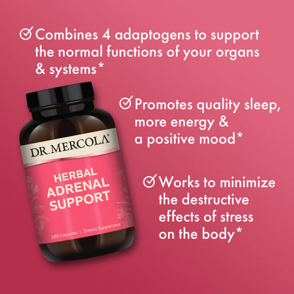 Dr. Mercola Herbal Adrenal Support - 90 Servings (180 Capsules) | Mood & Stress Management, Non-GMO