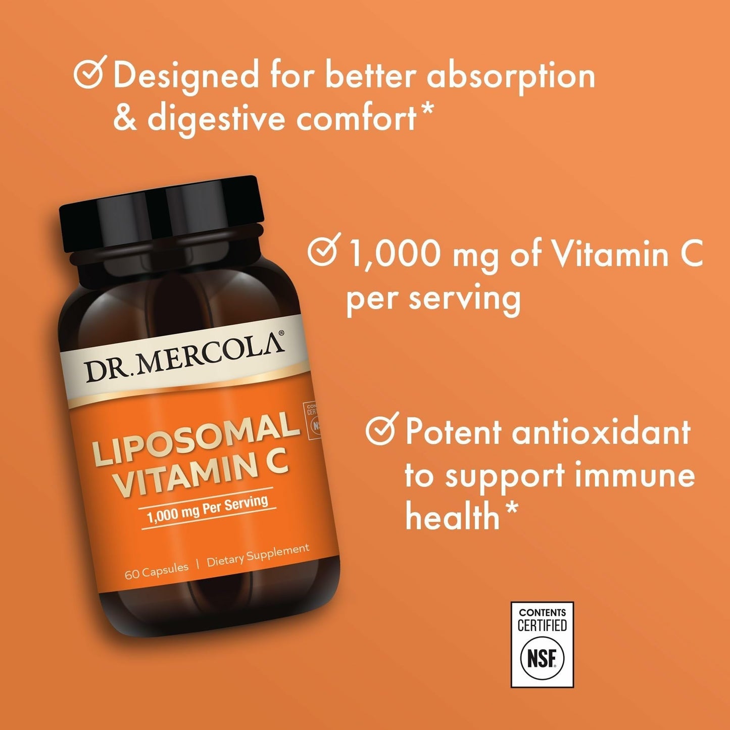 Dr. Mercola Liposomal Vitamin C – Brain, Heart, Eye & Immune Support | 1,000 mg, Non-GMO, Gluten-Free & Soy-Free | 60 Capsules (30 Servings)
