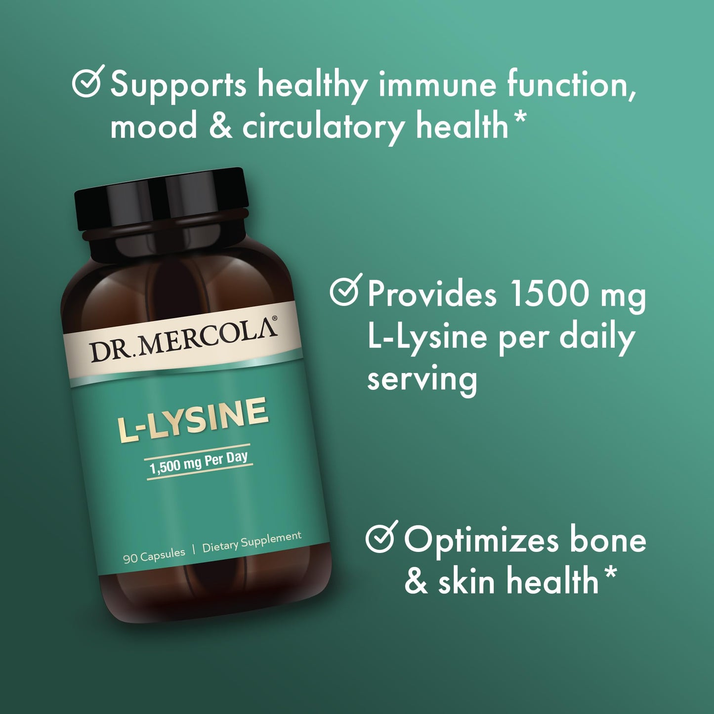 Dr. Mercola L-Lysine 1500 mg – 90 Capsules (Pack of 2) | Non-GMO, Gluten Free, Soy Free