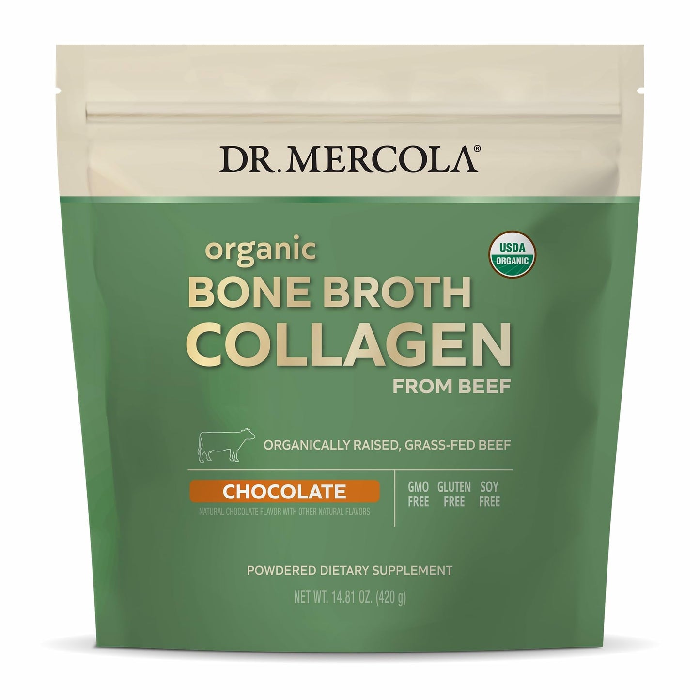 Dr. Mercola Organic Bone Broth Collagen Powder - Supports Bone Health & Muscle Growth - USDA Organic, Non-GMO, Gluten-Free & Dairy-Free - 30 Servings - Chocolate Flavor