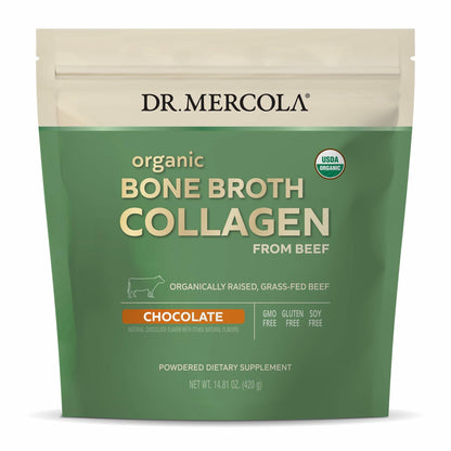 Dr. Mercola Organic Bone Broth Collagen Powder - Supports Bone Health & Muscle Growth - USDA Organic, Non-GMO, Gluten-Free & Dairy-Free - 30 Servings - Chocolate Flavor