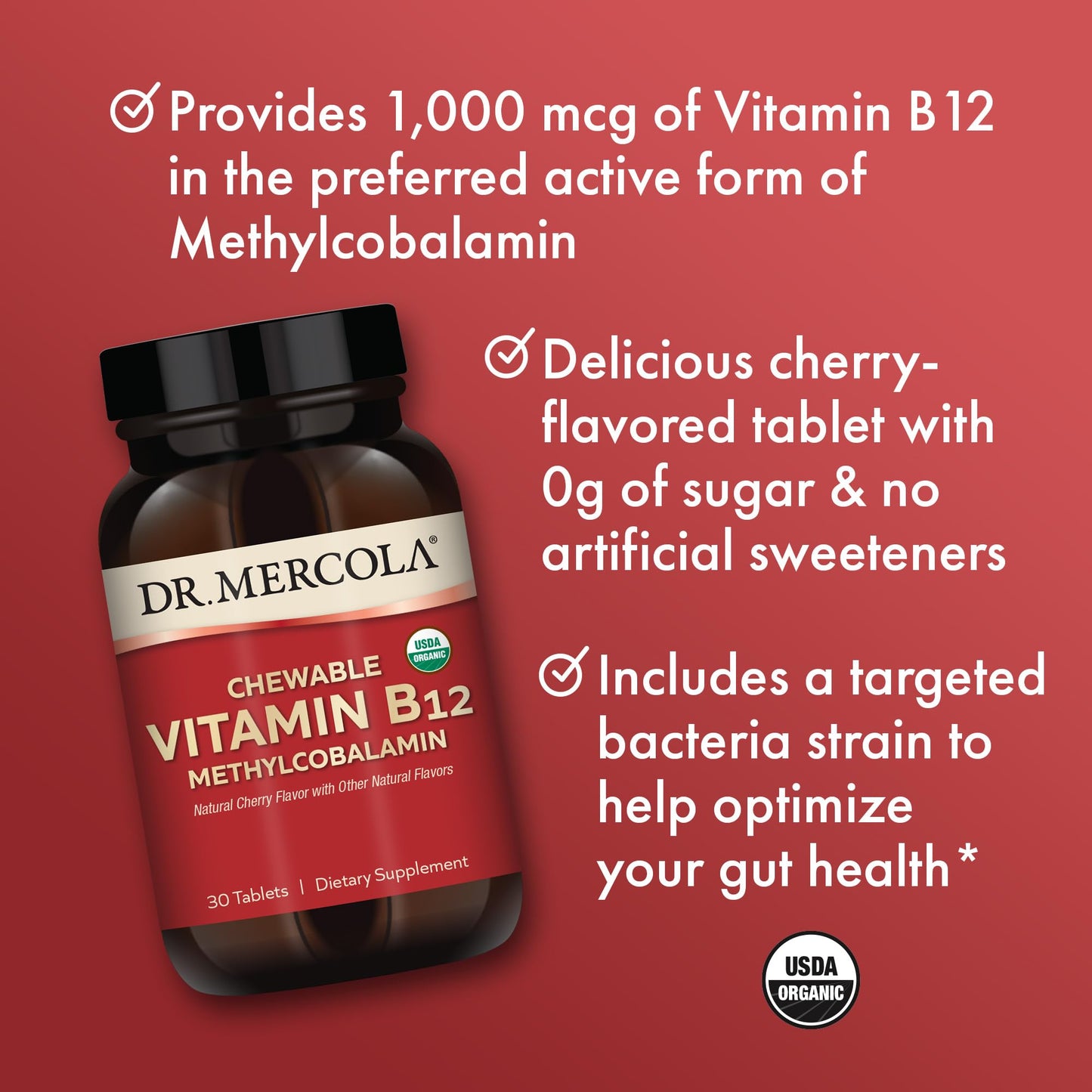 Dr. Mercola Organic Chewable Vitamin B12 – 1000 mcg, Cherry, 30 Servings