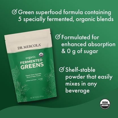 Dr. Mercola Organic Fermented Greens - 90 Servings, 9.5 oz - Certified Organic, Non-GMO, Soy-Free, USDA Organic