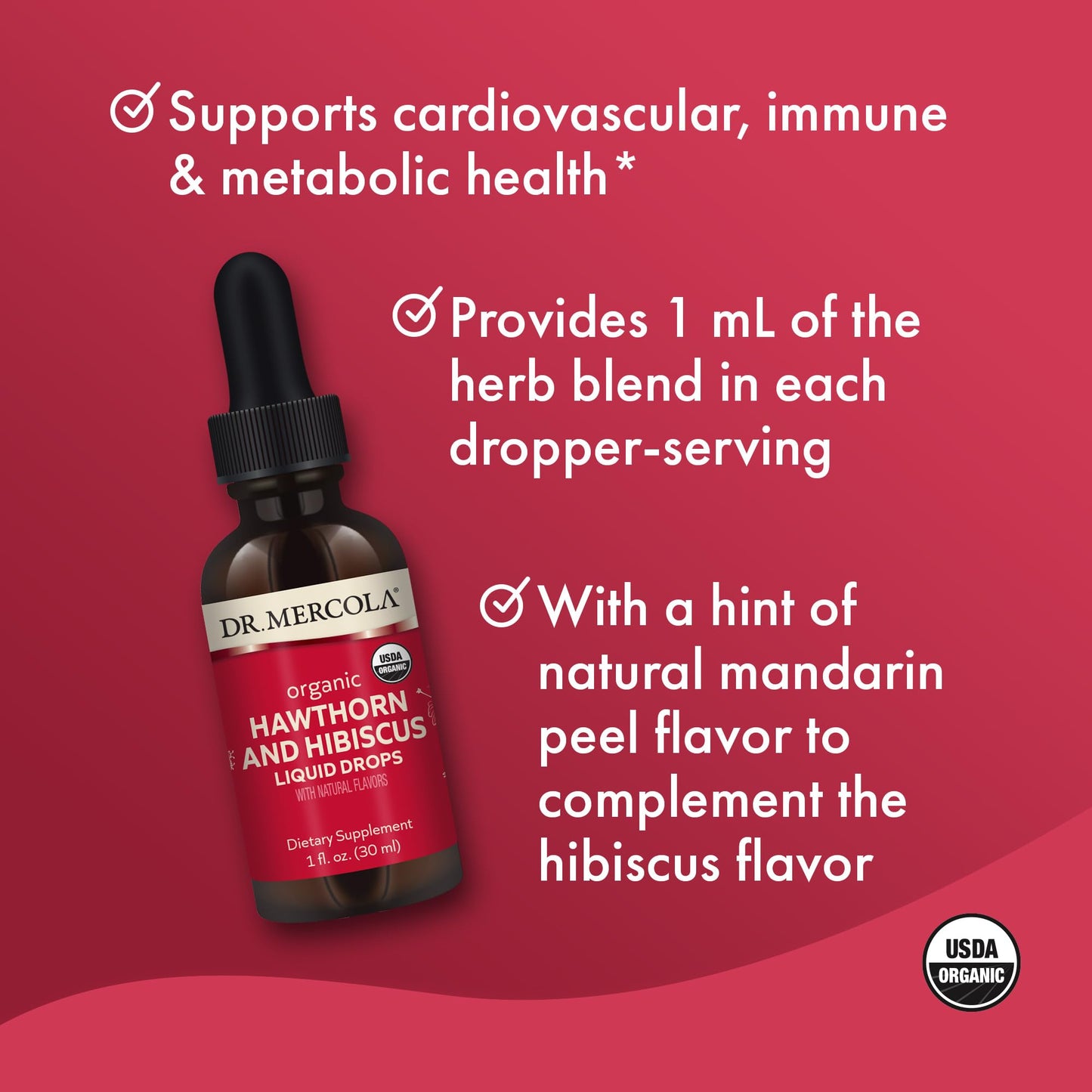 Dr. Mercola Organic Hawthorn Hibiscus Liquid Drops – 30 Servings, USDA Organic