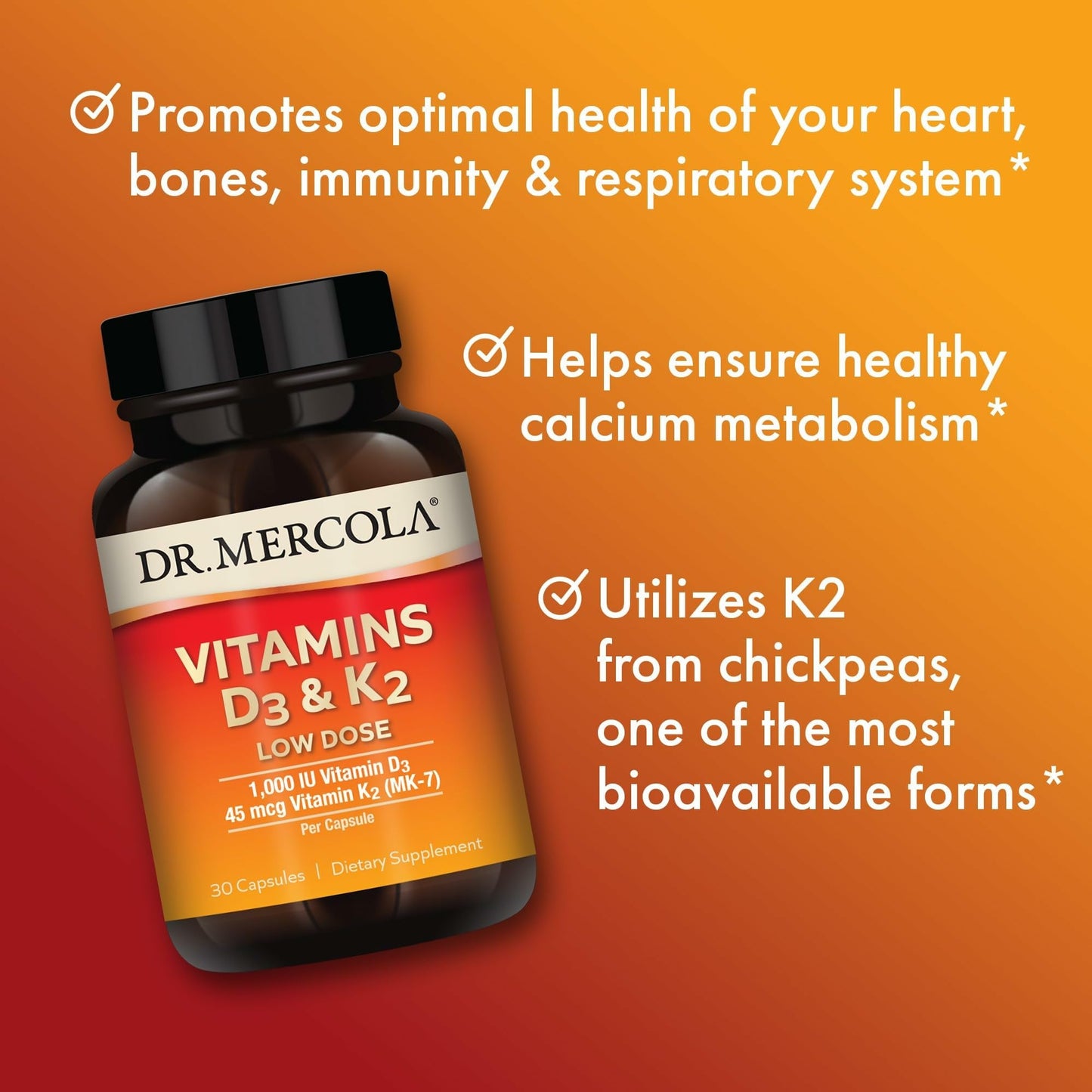 Dr. Mercola Vitamins D3 & K2 Low Dose - 2-Pack | Immune & Bone Support