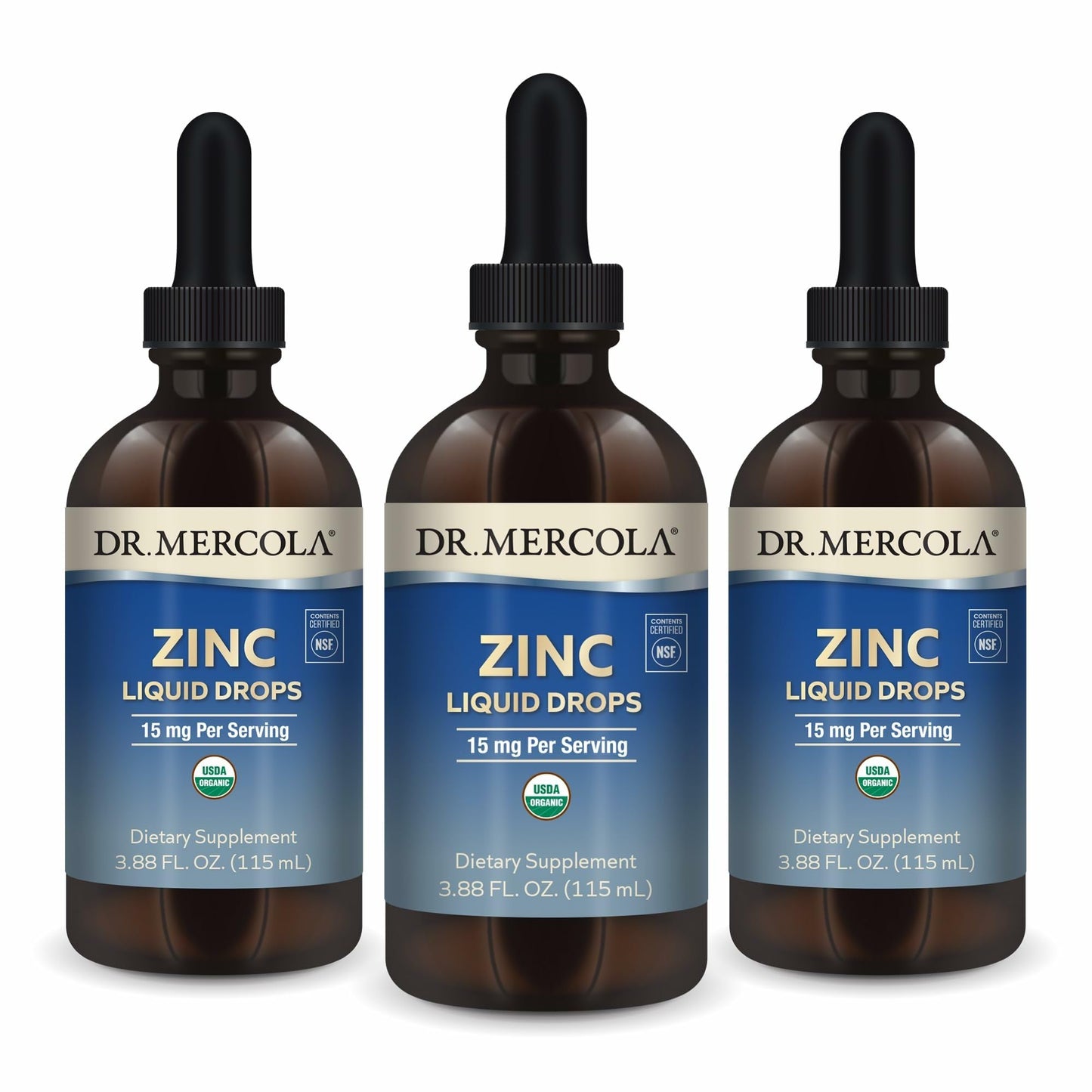 Dr. Mercola Zinc Liquid Drops — 15 mg Zinc, Organic, Immune & Organ Support, 3 Pack