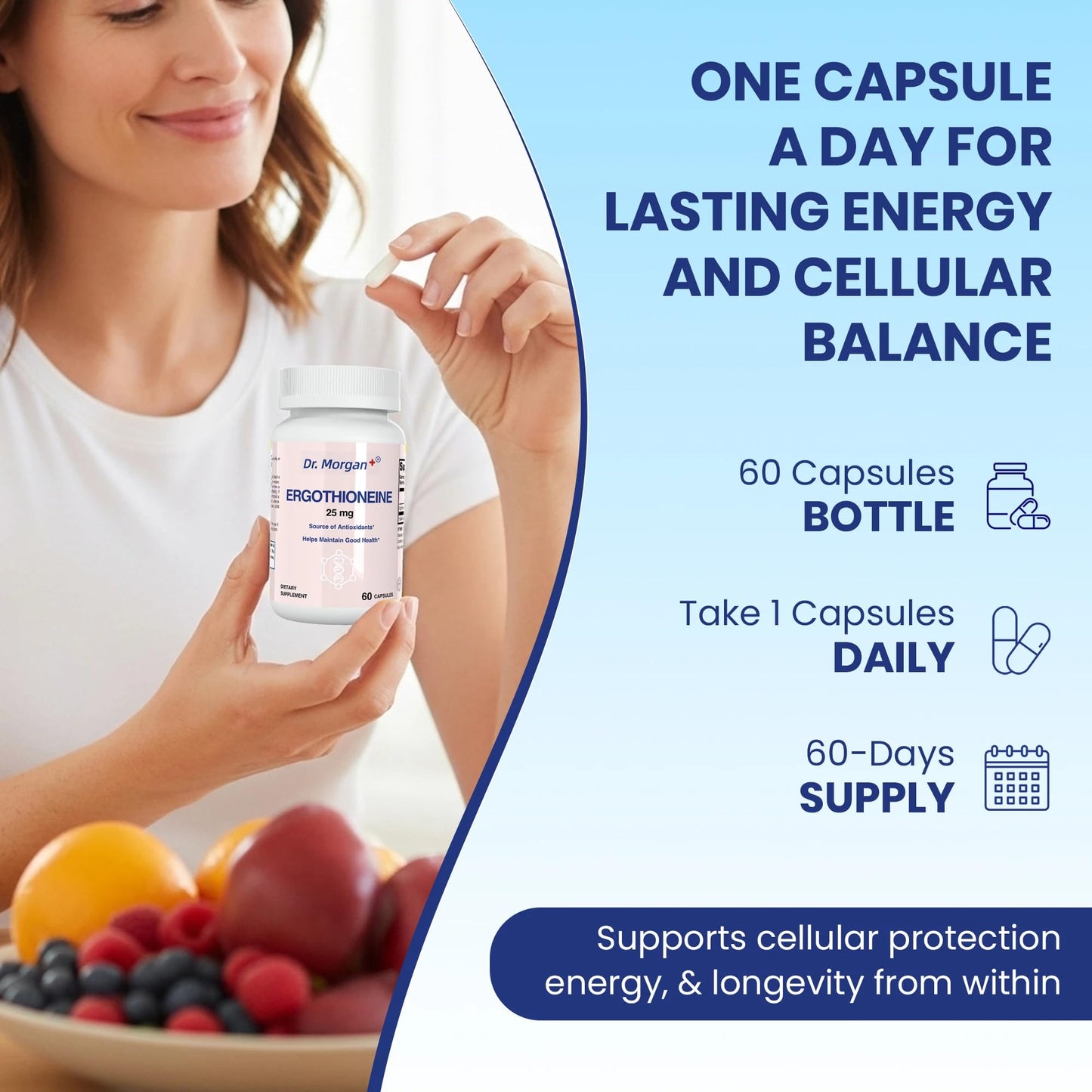 Dr. Morgan Ergothioneine Supplement – 99% Pure Antioxidant Support, Mitochondrial & Cellular Health, 60 Capsules, Made in Canada