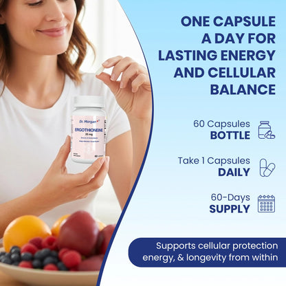 Dr. Morgan Ergothioneine Supplement – 99% Pure Antioxidant Support, Mitochondrial & Cellular Health, 60 Capsules, Made in Canada