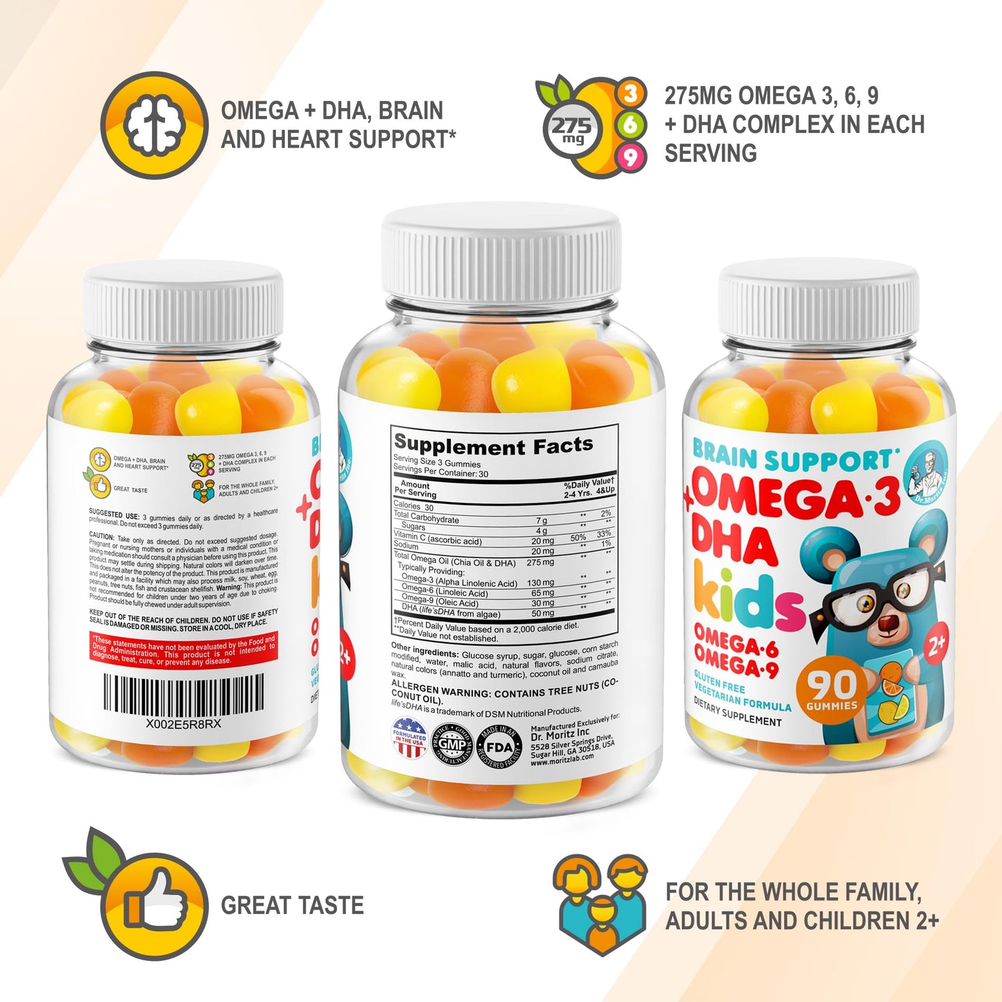 DR. MORITZ Omega 3 Kids Gummies (180 Count) – Vegan, No Fish Oil, Gluten-Free