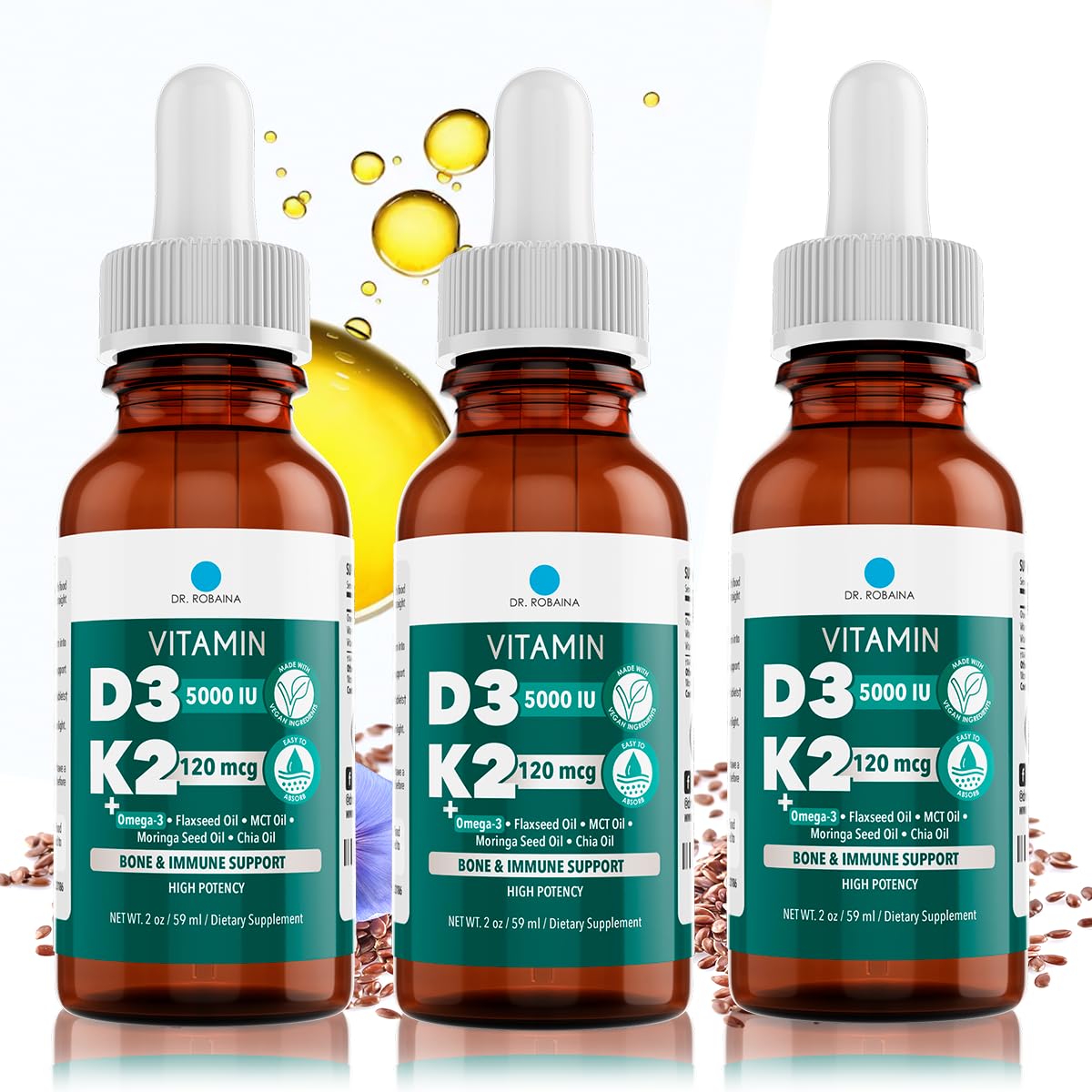 Dr. Robaina Vitamin D3 + K2 Drops – Vegan MCT Oil, 5000 IU D3 & 120 mcg MK-7