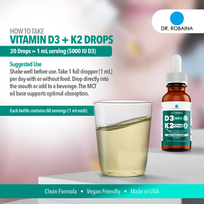 Dr. Robaina Vitamin D3 + K2 Drops – Vegan D3 and MK-7 in MCT Oil