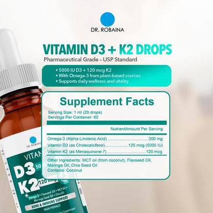 Dr. Robaina Vitamin D3 + K2 Drops – Vegan MCT Oil, 5000 IU D3 & 120 mcg MK-7