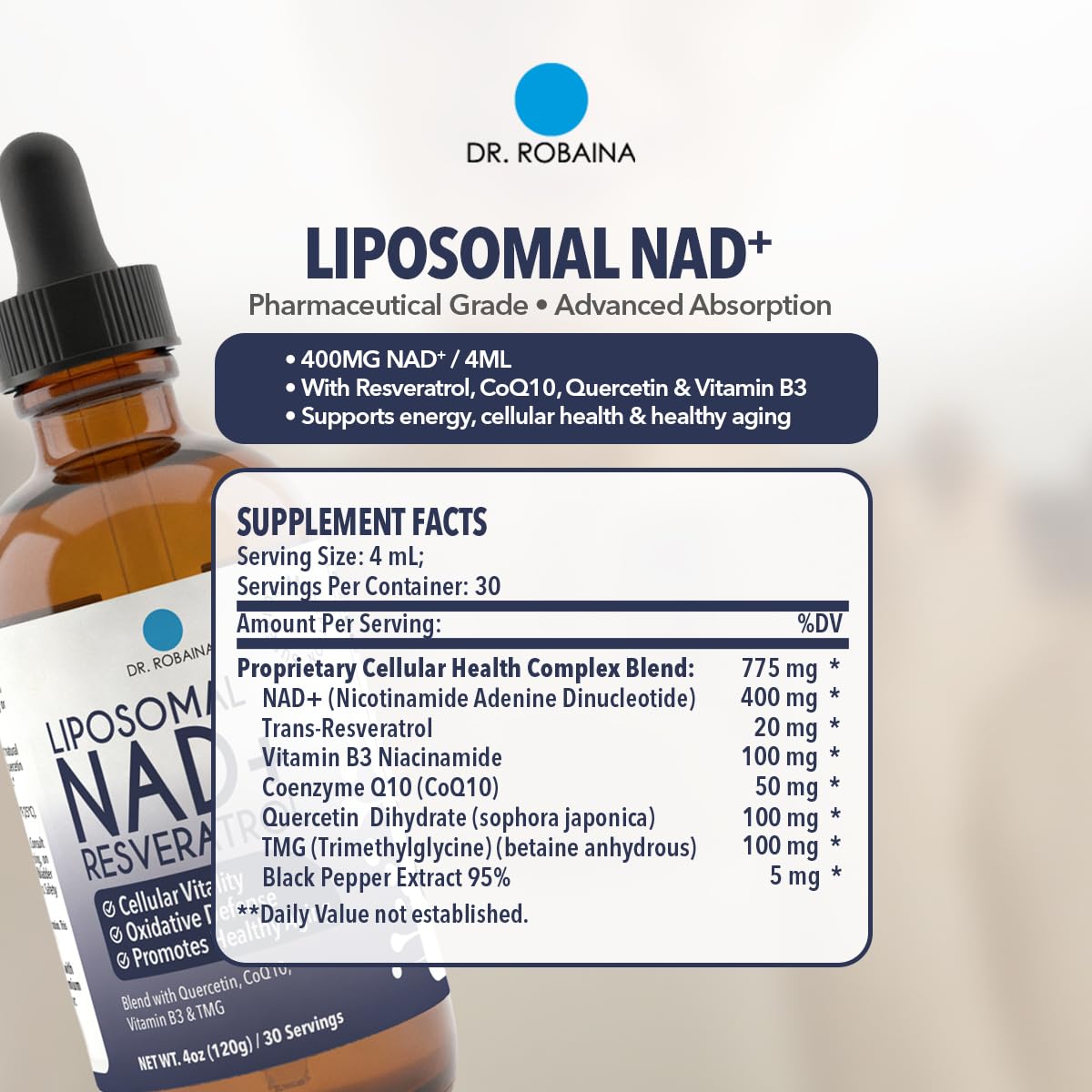 Dr. Robaina Liposomal NAD⁺ Liquid Drops – Berry Flavor, 400 mg NAD⁺/4 mL