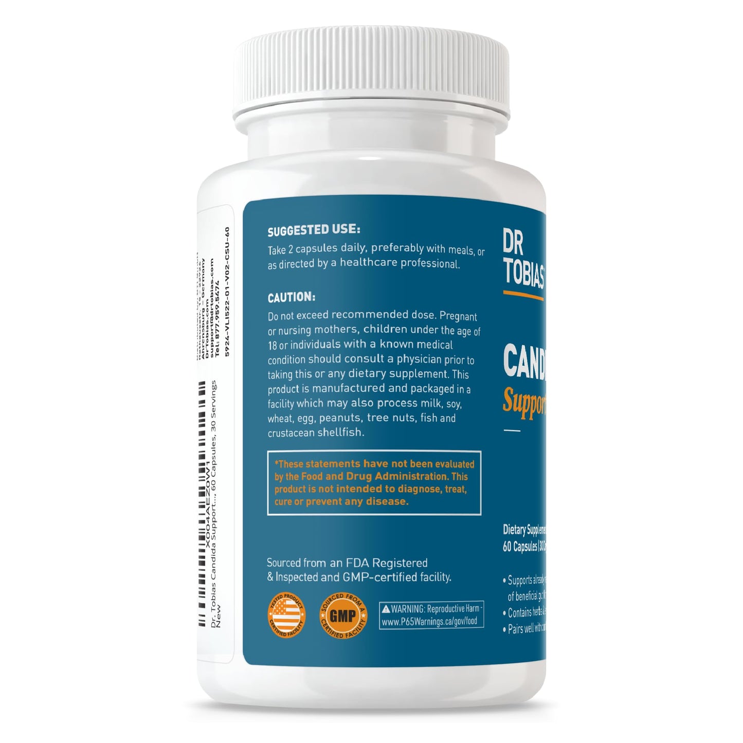 Dr. Tobias Candida Support – Gut Flora Balance Complex with Oregano, Caprylic Acid, Enzymes & Probiotics | 60 Capsules
