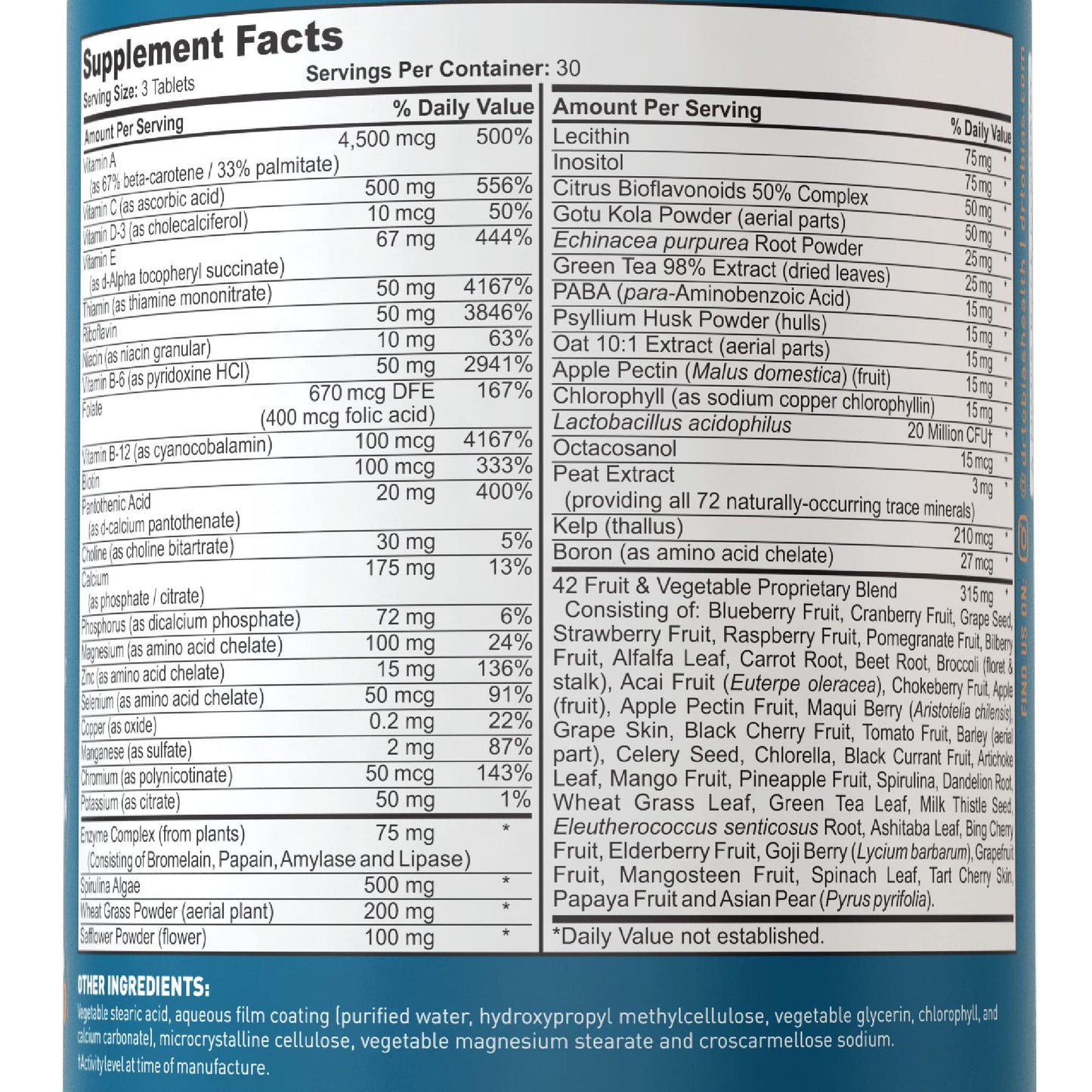 Dr. Tobias Adult Multivitamin for Women & Men - Immune Support, 42 Fruits & Vegetables, Probiotics, Vegan, Non-GMO, 90 Tablets, 30 Servings
