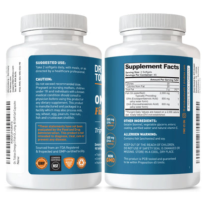 Dr. Tobias Omega-3 Fish Oil 2000mg Triple Strength – 800mg EPA / 600mg DHA per Serving | 90 Softgels
