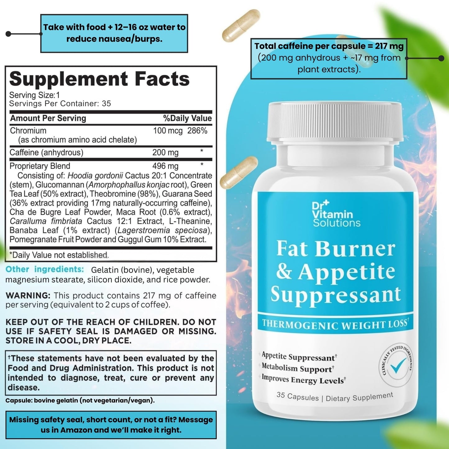 DR VITAMIN SOLUTIONS Fat Burner for Women and Men - Appetite Suppressant & Metabolism Booster - 35 Capsules