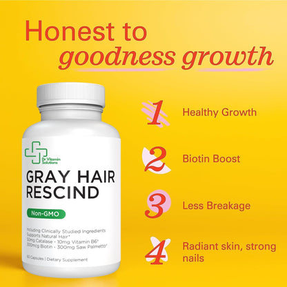 DR VITAMIN SOLUTIONS Gray Hair Rescind with Catalase - Antiaging Hair, Skin and Nails Vitamins, Pantothenic Acid, Folic Acid 400mcg, Biotin 300mcg, Saw Palmetto for Men and Women