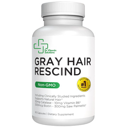 DR VITAMIN SOLUTIONS Gray Hair Rescind with Catalase - Antiaging Hair, Skin and Nails Vitamins, Pantothenic Acid, Folic Acid 400mcg, Biotin 300mcg, Saw Palmetto for Men and Women