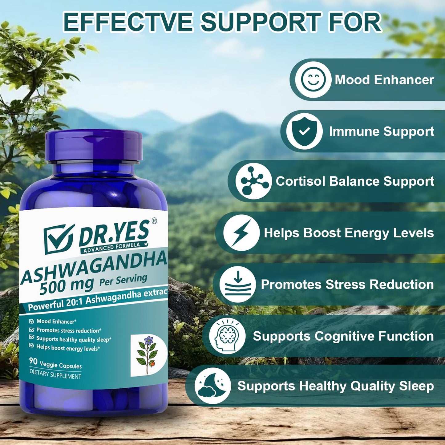 DR.YES Ashwagandha Capsules 500mg with Organic Black Pepper – Stress Relief, Sleep, Focus & Mood | Non-GMO, Vegan, 90 Capsules