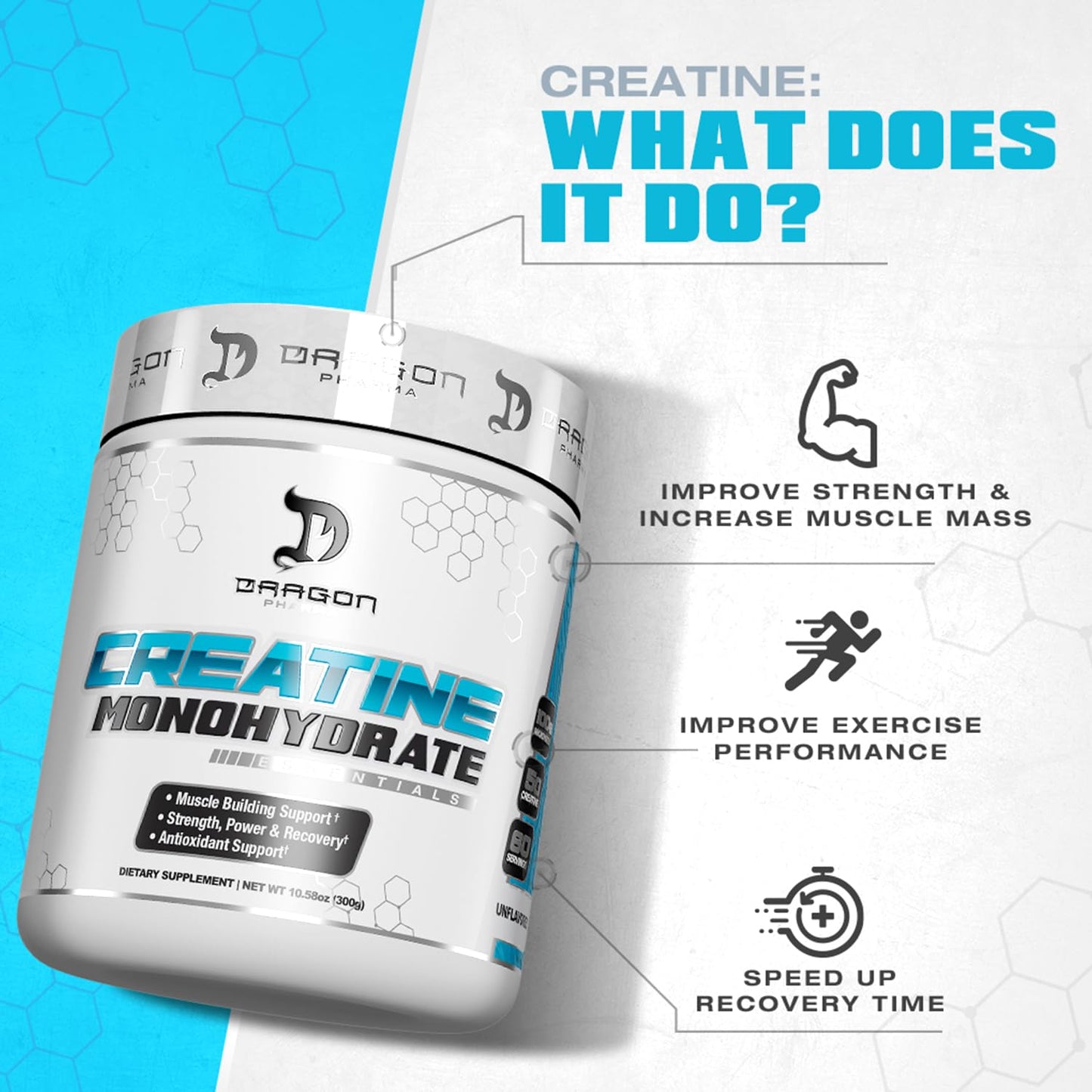 DRAGON PHARMA Creatine Monohydrate – 60 Servings, Unflavored | Muscle Recovery