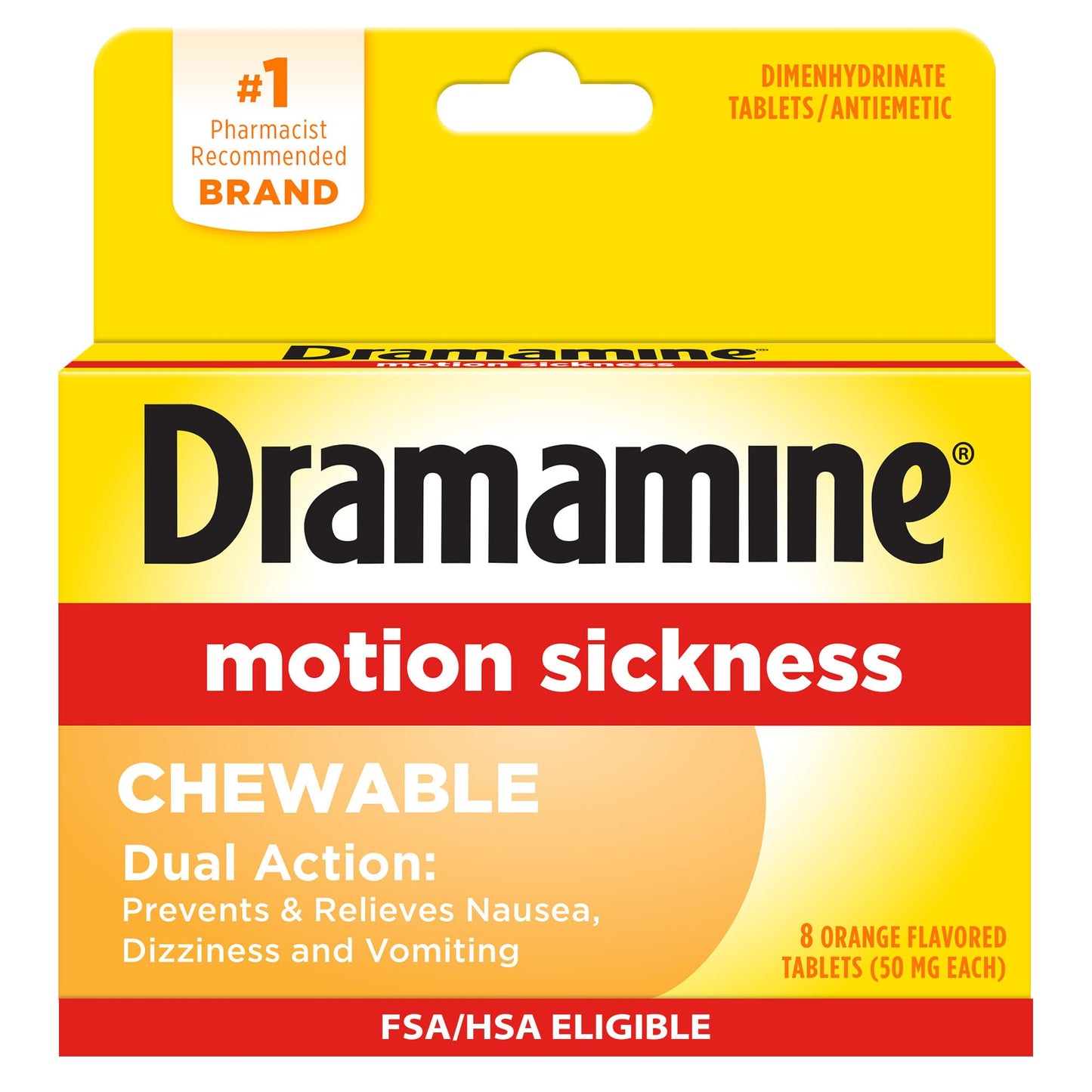 Dramamine Chewable Orange Motion Sickness Relief — 8 Count | Fast, Travel-Ready