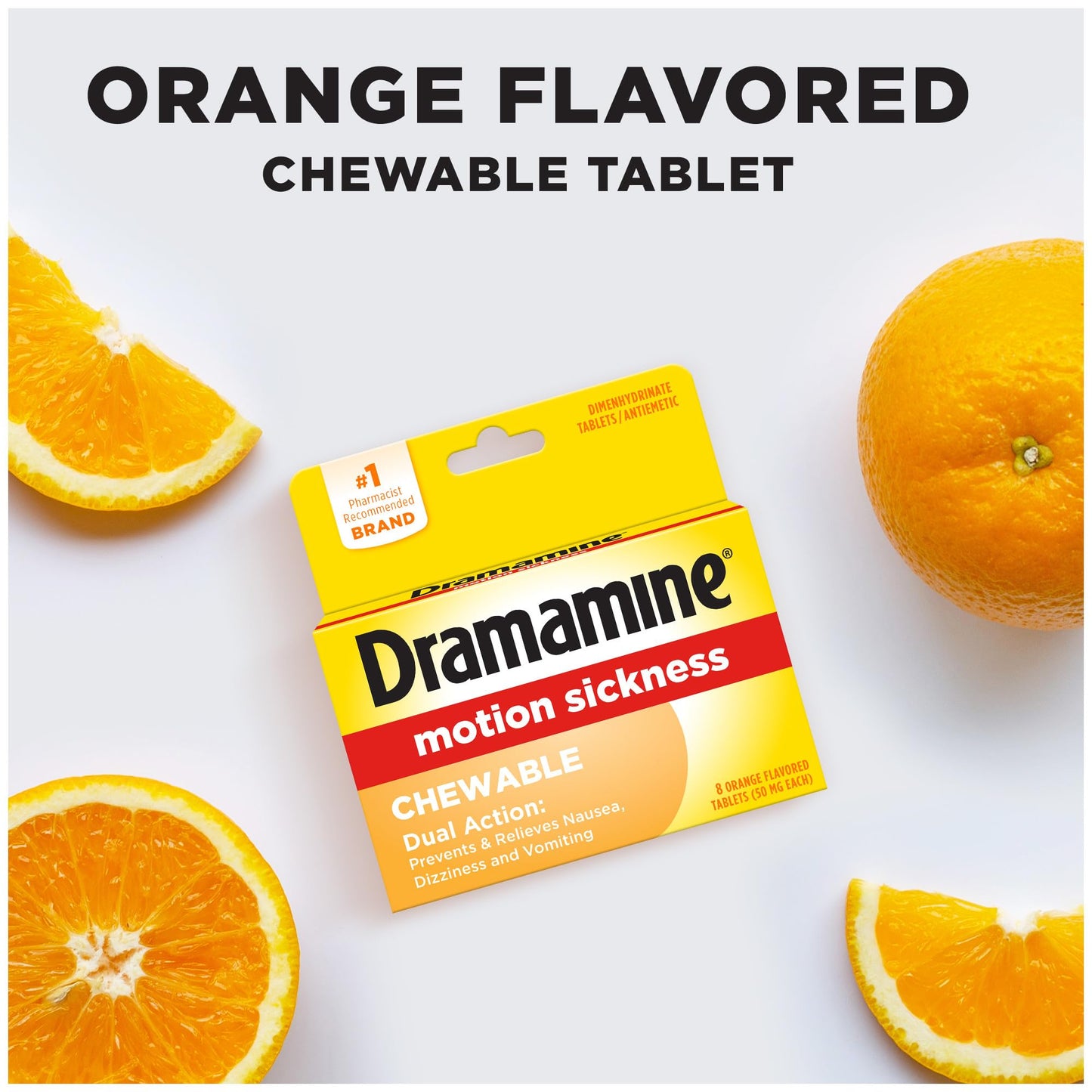 Dramamine Chewable Orange Motion Sickness Relief — 8 Count | Fast, Travel-Ready