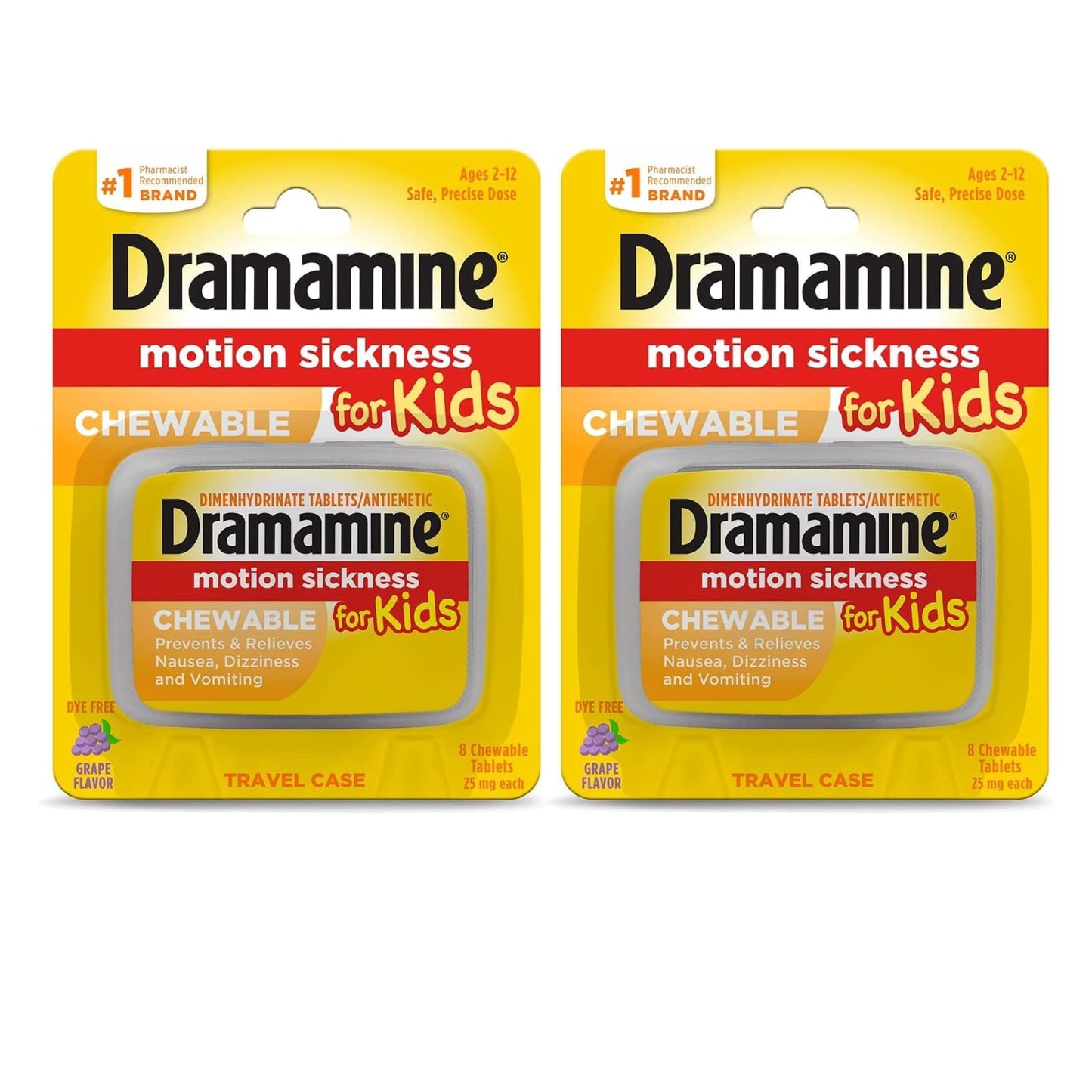 Dramamine Motion Sickness Relief for Kids — Grape Chewables, 8 Count (Pack of 2)
