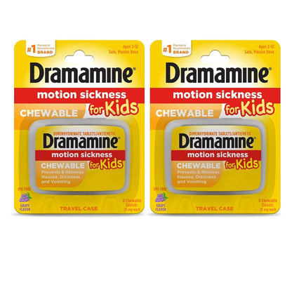 Dramamine Motion Sickness Relief for Kids — Grape Chewables, 8 Count (Pack of 2)
