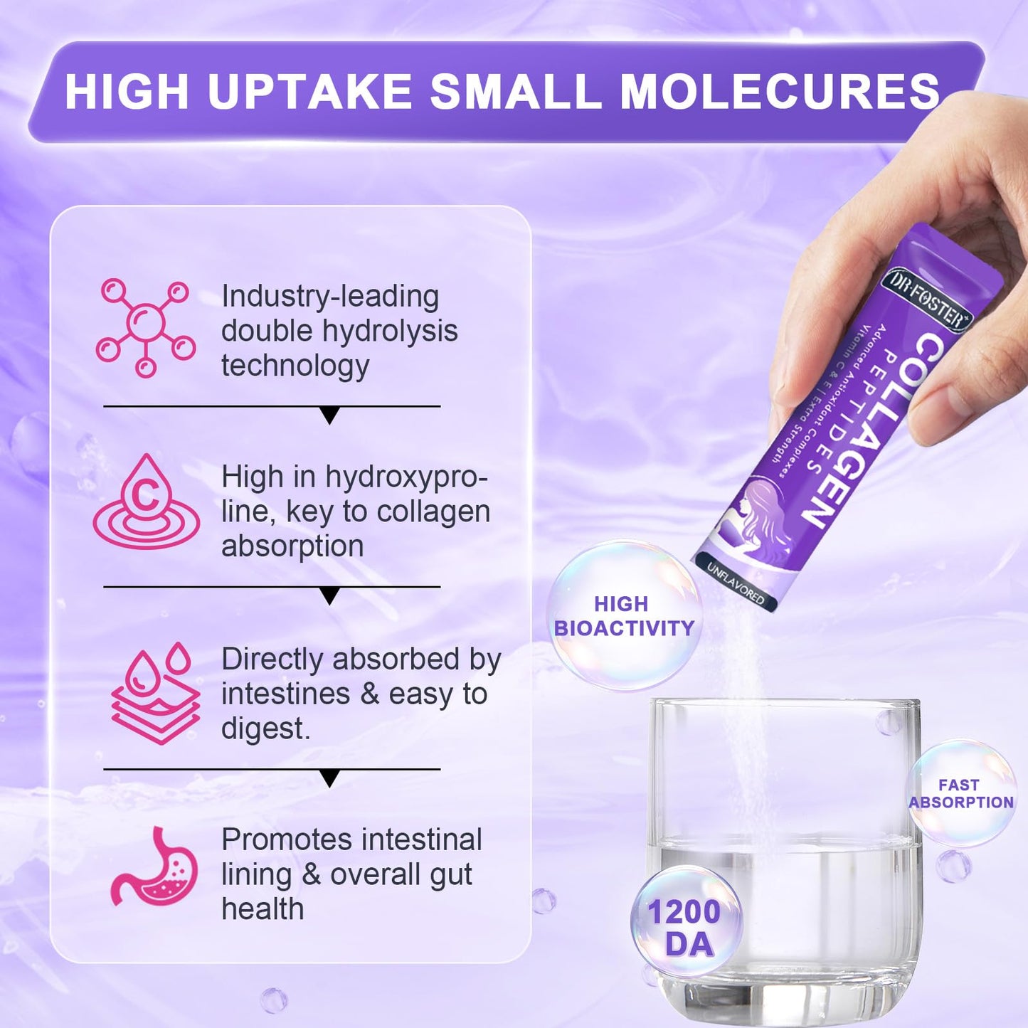 DRFOSTER Collagen Peptides Powder Sticks – Multi-Type I II III V X Collagen + Antioxidant Blend, Vitamin C & E | Non-GMO | 30 Pack