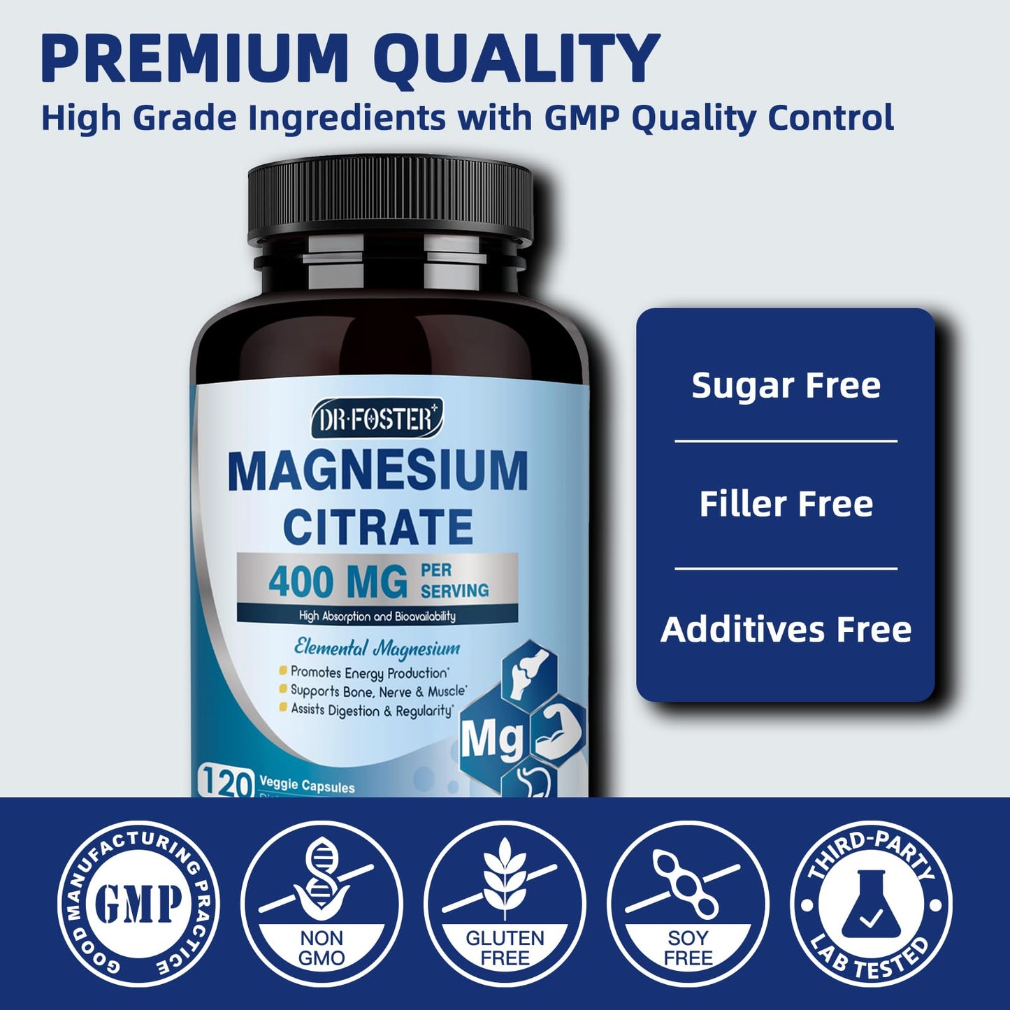 DRFOSTER Magnesium Citrate Capsules 400 mg – High-Absorption, 120 Vegan Capsules (2-Month Supply)