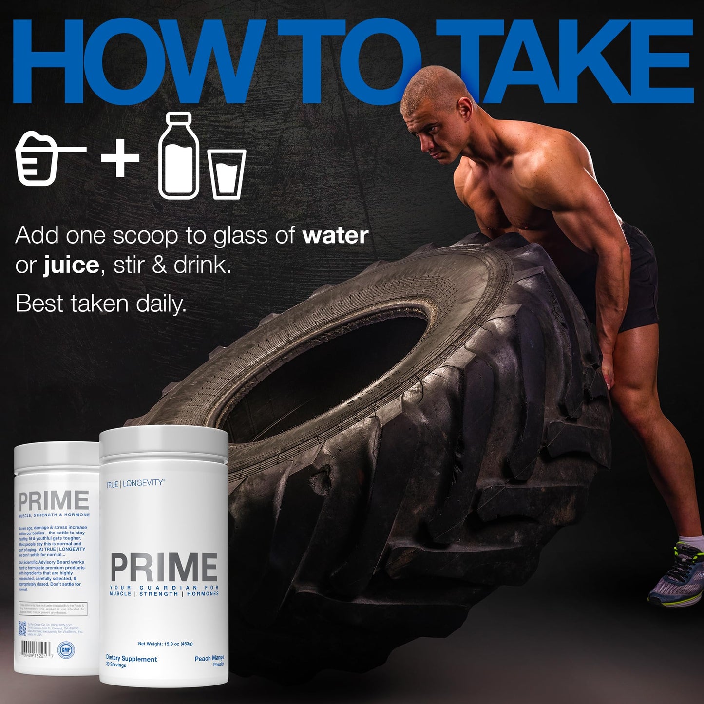DRINK HRW Prime – Men's Health Supplement | Creatine+ GAA + HMB | Peach Mango (30 Servings)