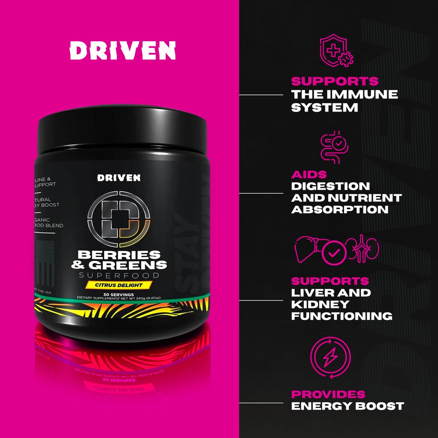 Driven B&G Berries & Greens Superfood Powder – Citrus Delight, 30 Servings