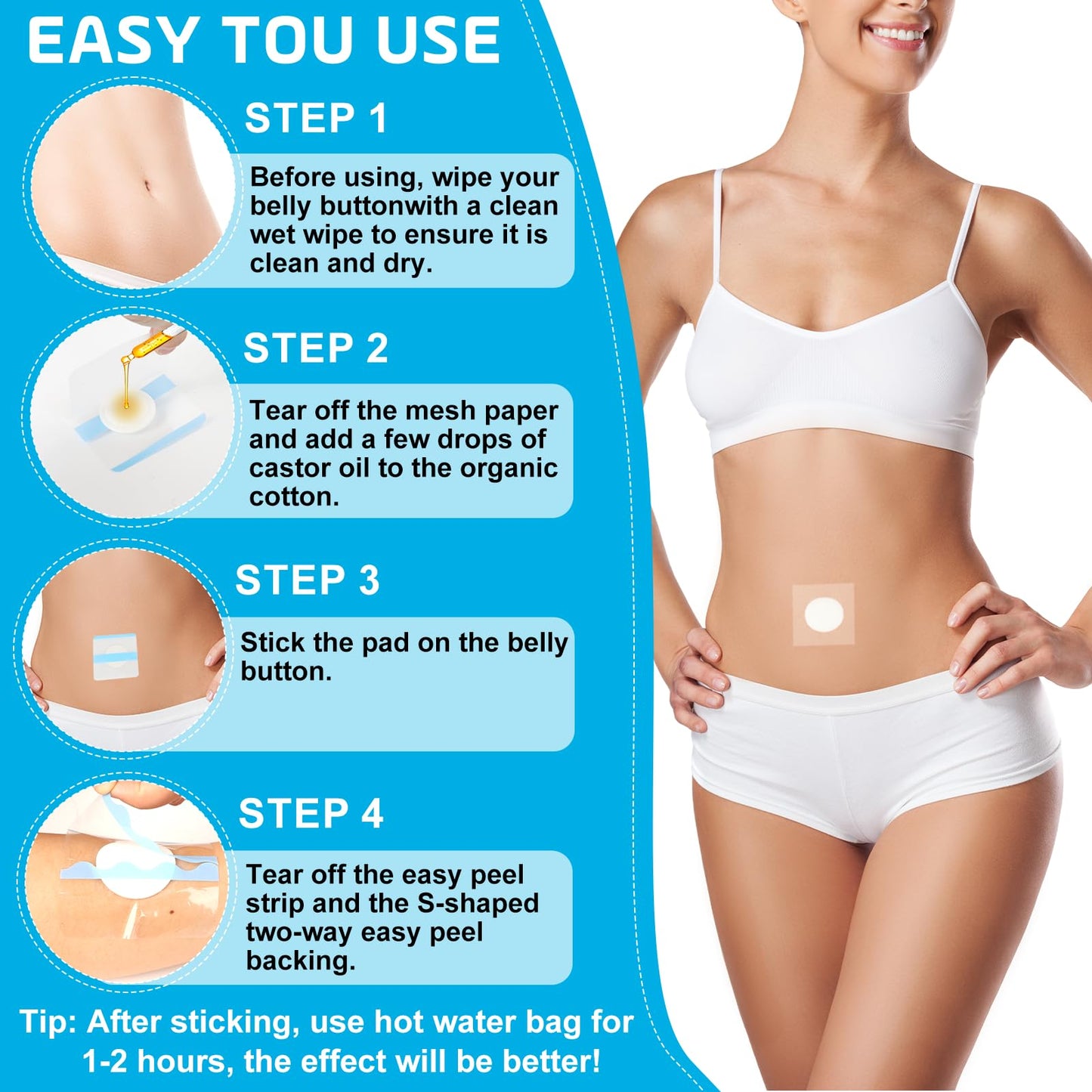 30Pcs Castor Oil Patches for Belly Button — Leak-Proof Self-Adhesive Castor Oil Pack Wrap | Organic Cotton Pads
