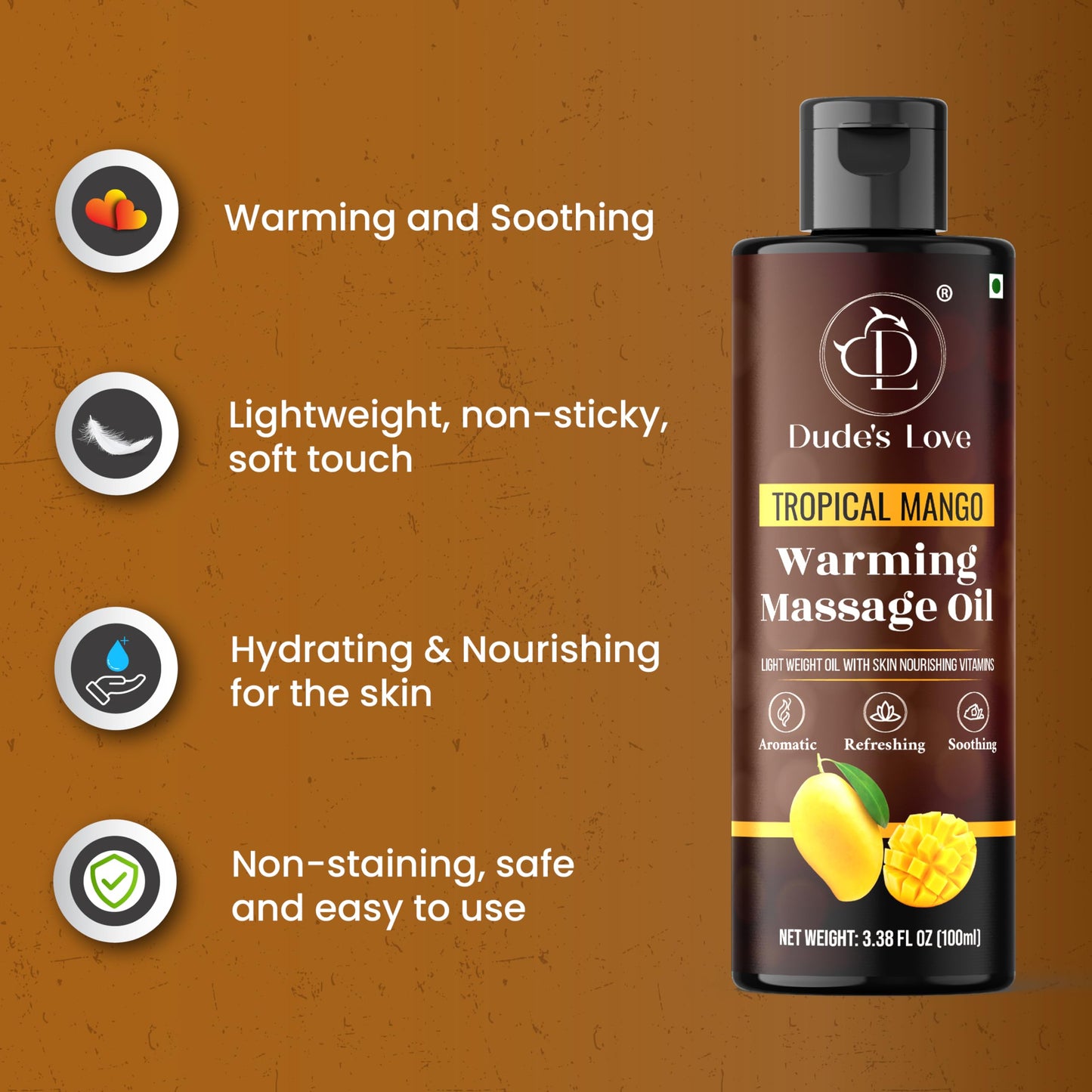Dude's Love Organic Warming Massage Oil – Tropical Mango (3.38 fl oz) | No Stain, Non-Sticky