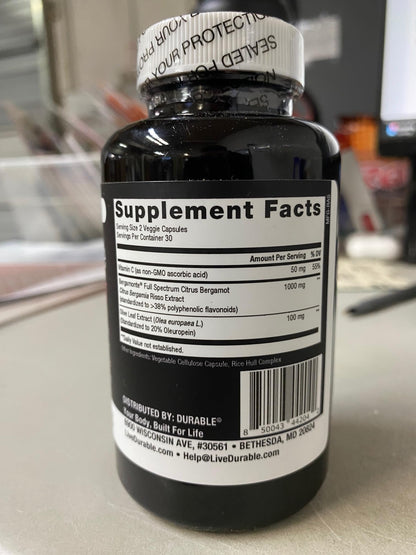 Durable Heart Bergamonte 1000mg + Olive Leaf + Vitamin C | Heart Health Supplement