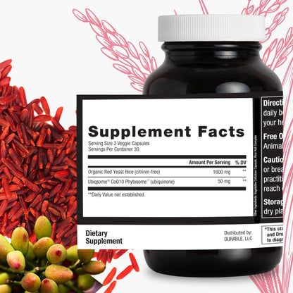 Durable RED Yeast Rice – Organic 1,600 mg + CoQ10 Phytosome | Doctor Formulated, Non-GMO, Vegan, Made in USA