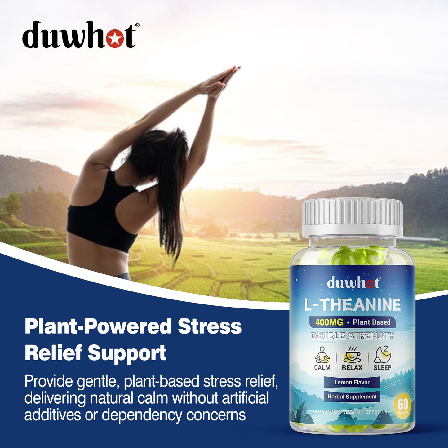 duwhot L-Theanine Gummies 400mg – Stress Relief, Focus, Lemon Flavor, 60 Chewables