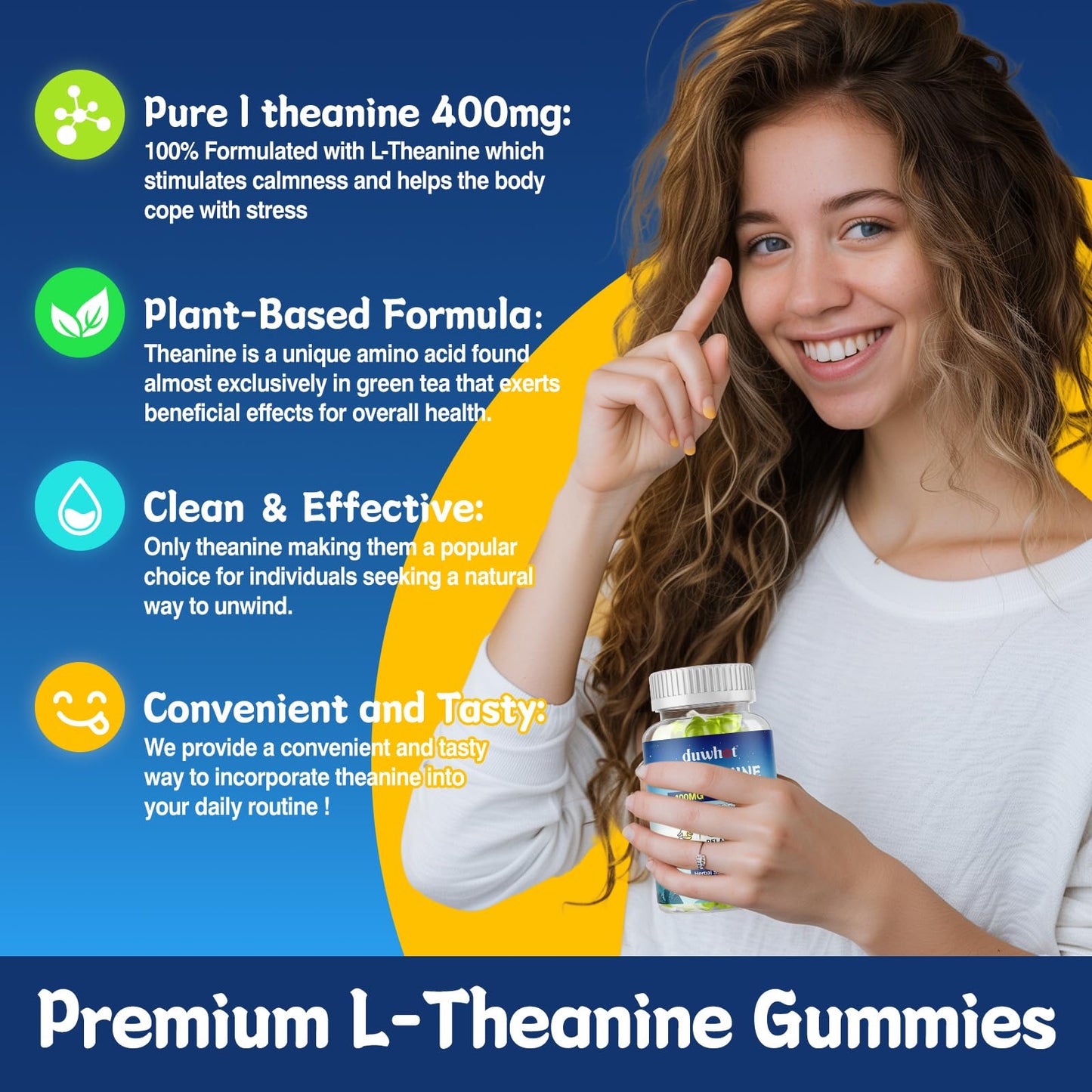 duwhot L-Theanine Gummies 400mg – Stress Relief, Focus, Lemon Flavor, 60 Chewables