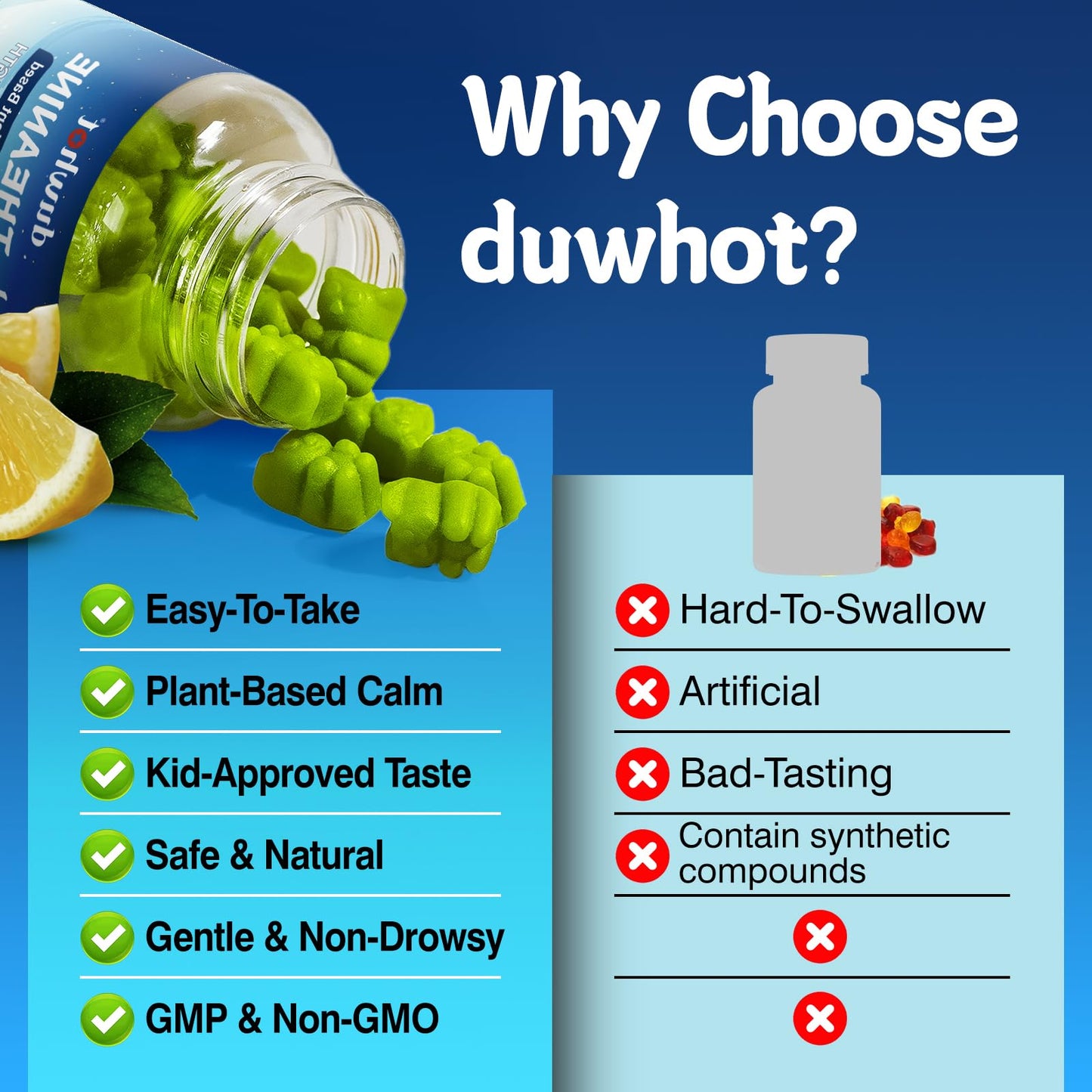 duwhot L-Theanine Gummies 400mg – Stress Relief, Focus, Lemon Flavor, 60 Chewables