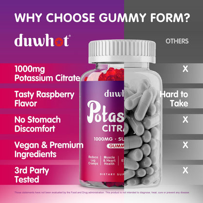 duwhot Potassium Citrate 1000mg Gummies – 120 Chewables | Leg Cramps & Muscle Health