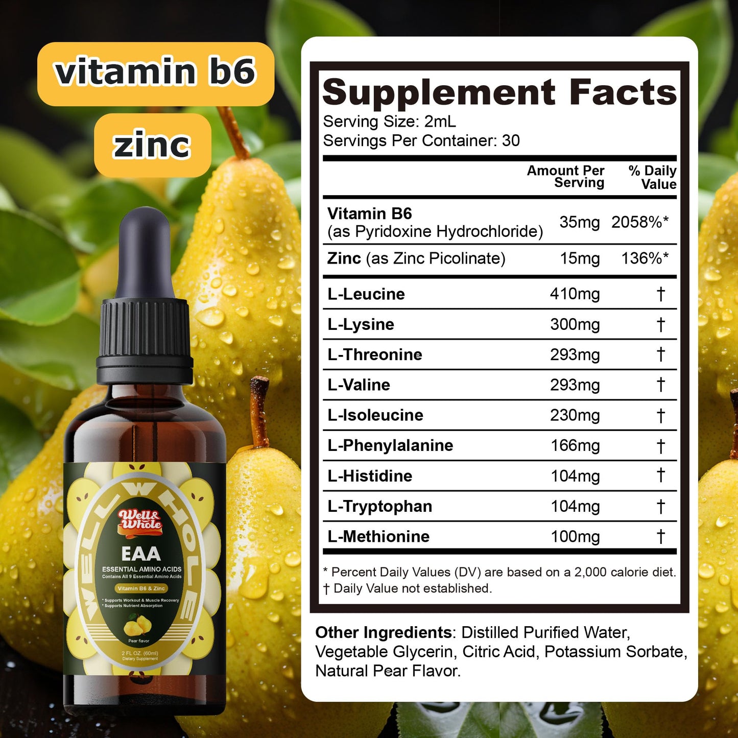 Essential Amino Acid (EAA) Liquid Drops – Liver Support, Vitamin B6 & Zinc, Vegan, 2 oz