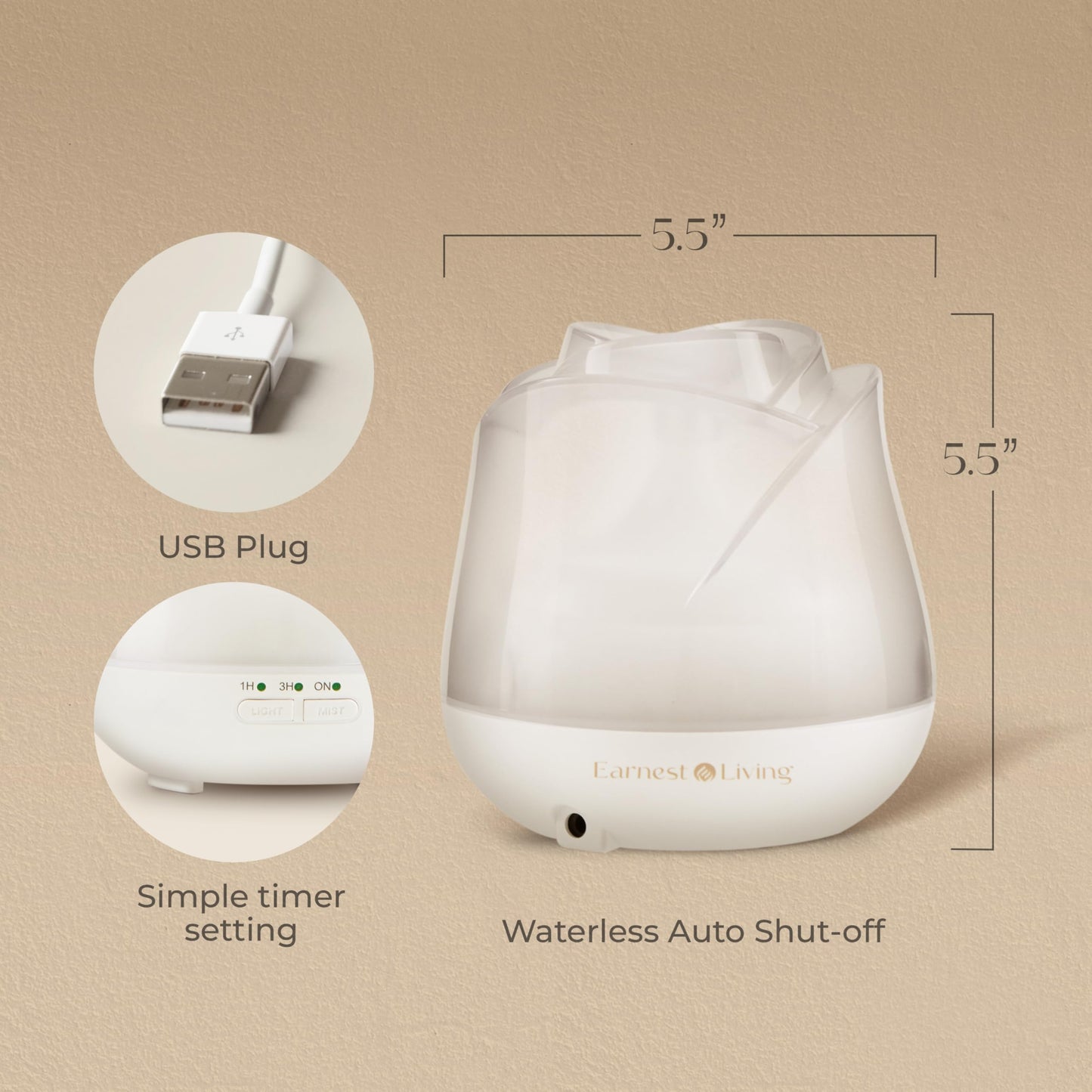 Earnest Living Rose Essential Oil Diffuser 150ml – USB Ultrasonic Humidifier, Frosted White