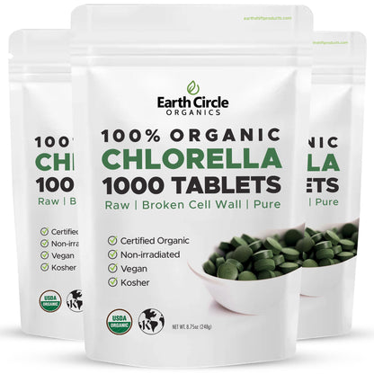 Earth Circle Organics Organic Chlorella Tablets 1000 Count | High Potency Chlorophyll Supplement | Broken Cell Wall for Absorption | Vegan, Kosher, Non-GMO | Pack of 3