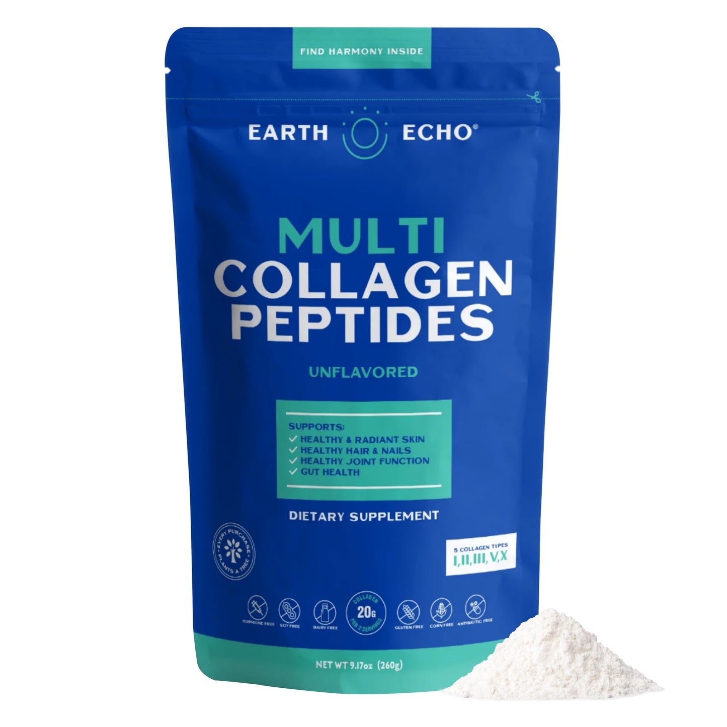 Earth Echo Multi-Collagen Peptides Powder – Unflavored, Keto-Friendly (26 Servings)