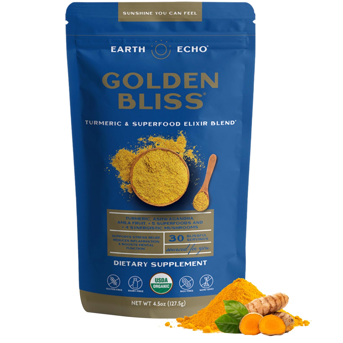 Earth Echo Golden Bliss - Golden Milk Powder with Turmeric and Ginger for Relaxation and Sleep | Organic, Vegan