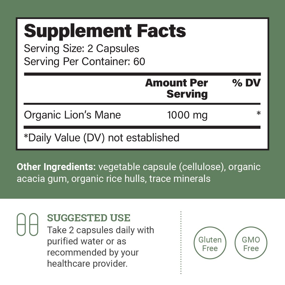 Earth Harmony Naturals Organic Lions Mane Supplement (1000mg) - 120 Capsules, 2-Month Supply