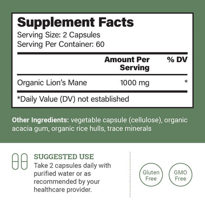 Earth Harmony Naturals Organic Lions Mane Supplement (1000mg) - 120 Capsules, 2-Month Supply